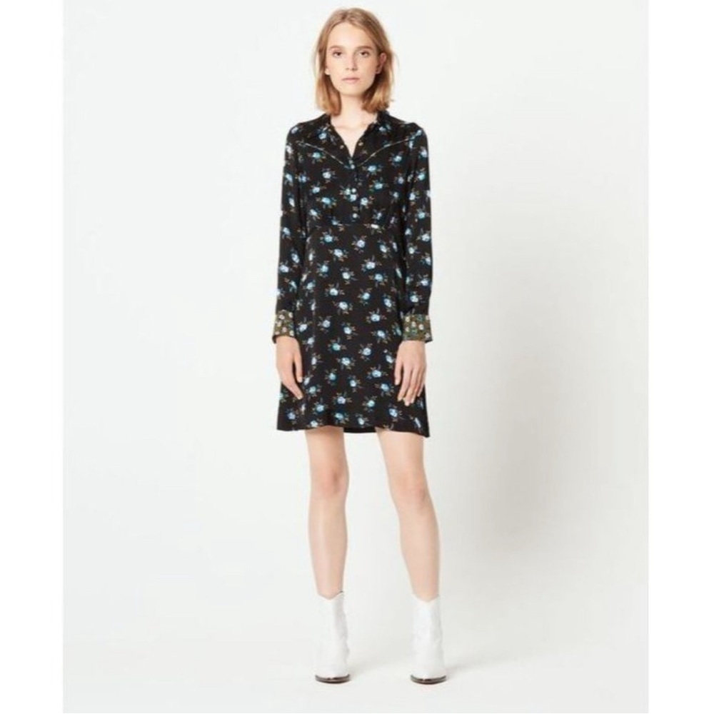 Sandro Paris Black Floral Button-Front Satin Dress- Size 38 (US 6) 100% Viscose - Picture 2 of 14